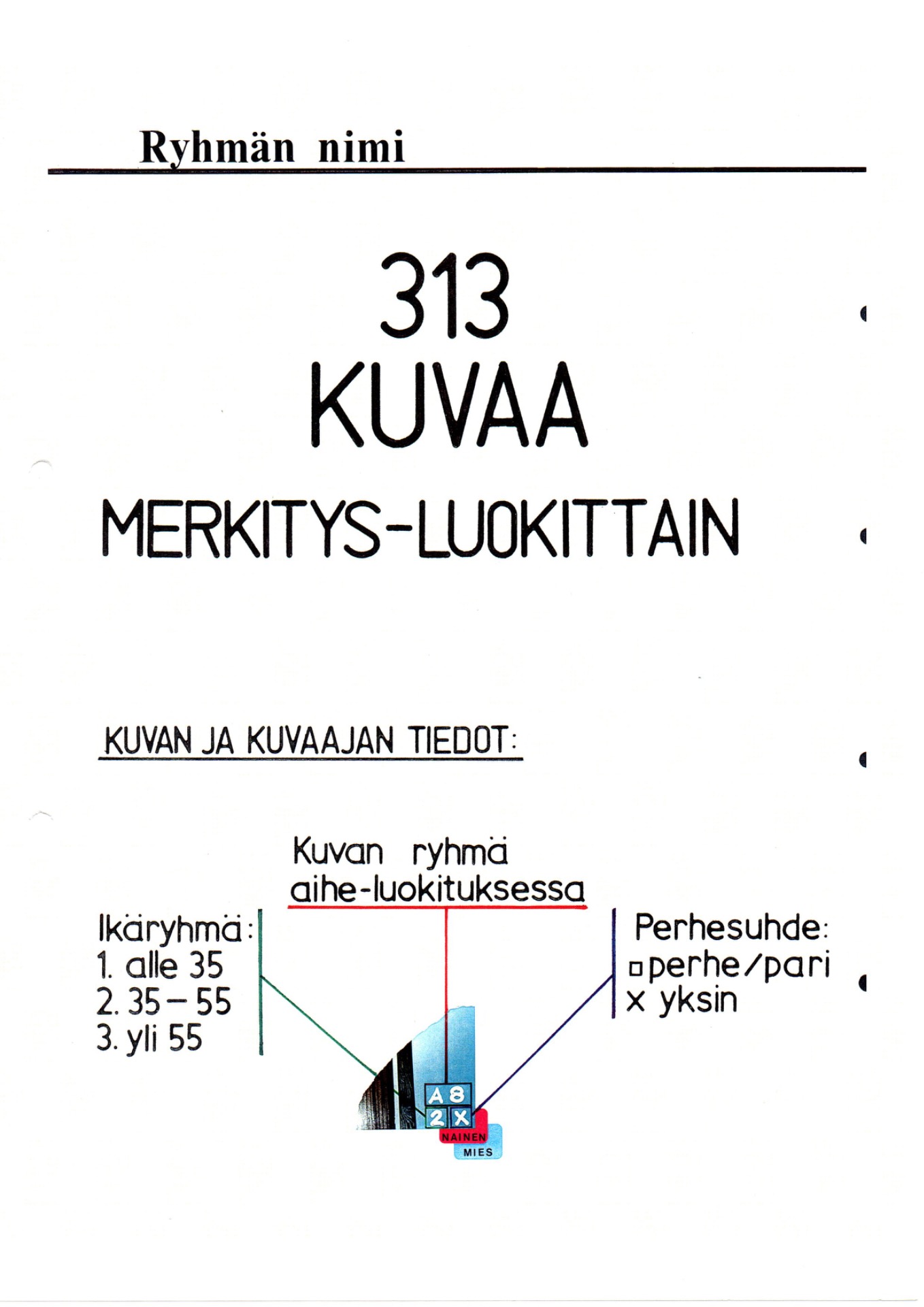 Esimerkkisivu, joka havainnollistaa 313 valokuvan luokittelun. Kuvassa selitetään jokaisen valokuvan yhteydessä käytetyt merkinnät: merkitysryhmä, aiheluokka, kuvaajan sukupuoli, ikäryhmä ja perhesuhde
